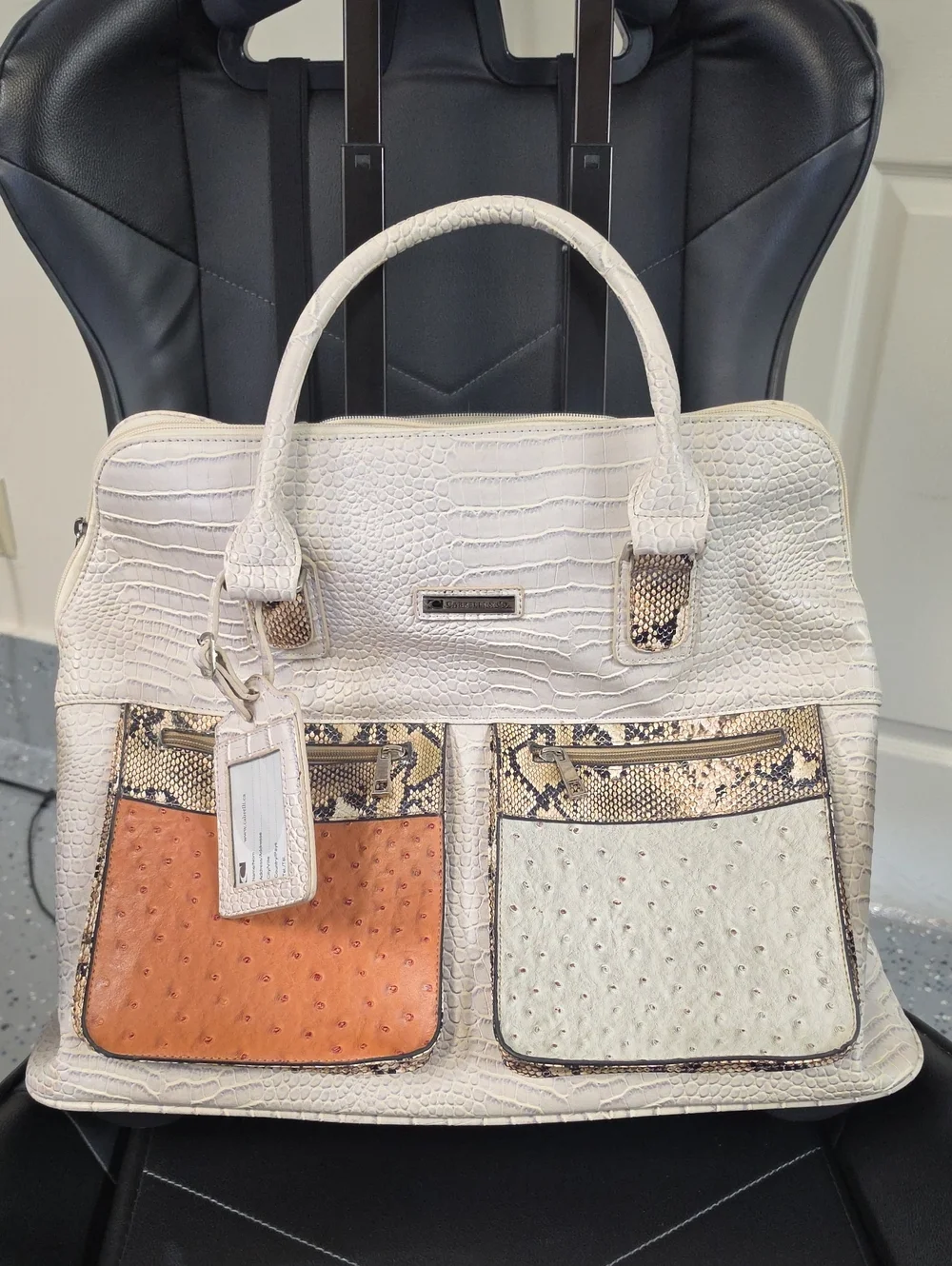 Cabrelli & CO White Mixed-Texture Satchel Bag with Tan Accent - Women's Handbag
